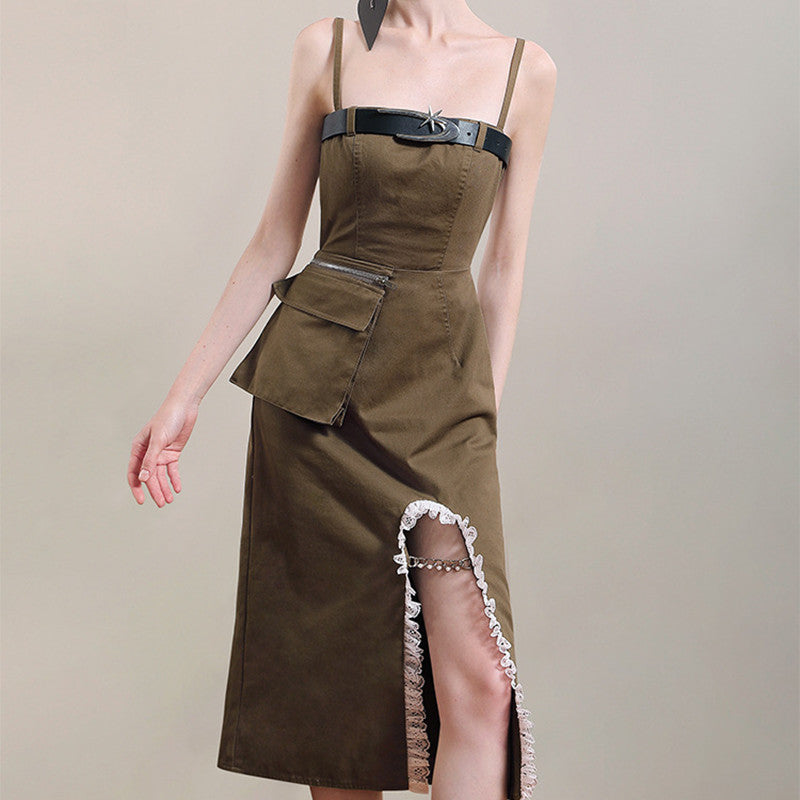 Army Green Denim Braces Retro Skirt