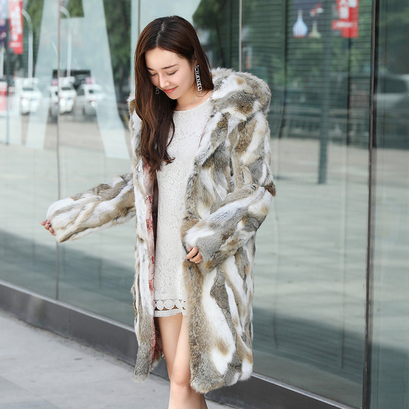 The Mid-length Hooded Long-sleeved Fur Coat