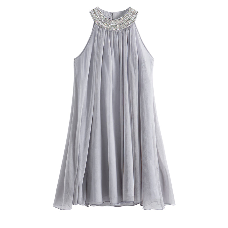 Elegant Sleeveless Silk Beaded Halter Dress