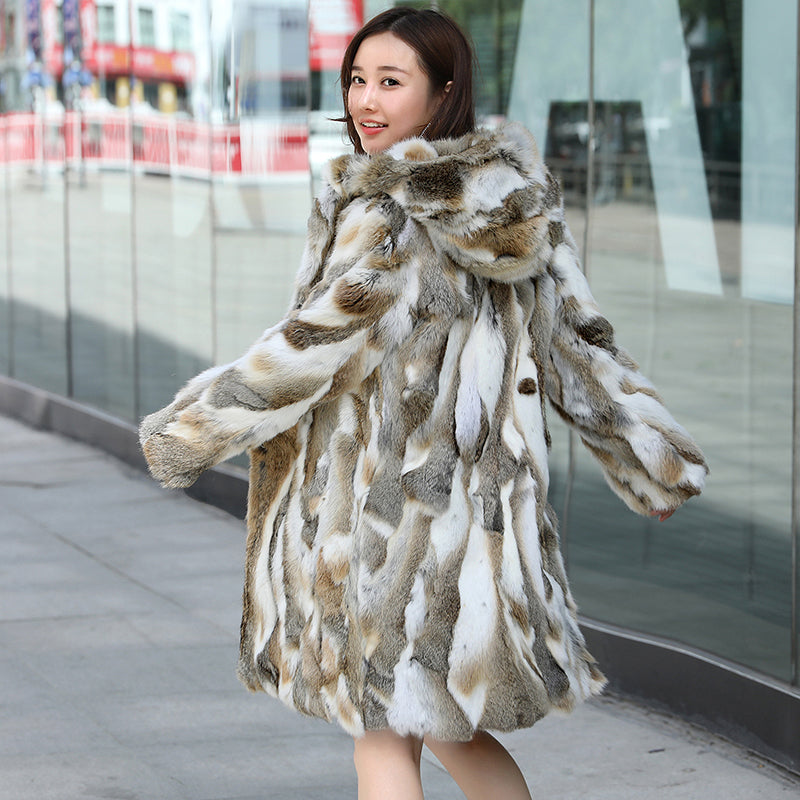 The Mid-length Hooded Long-sleeved Fur Coat