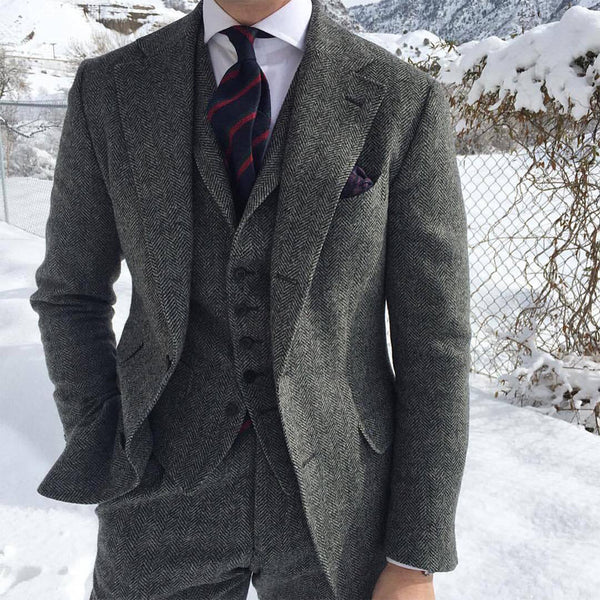 Modern Men's Grey Wool Tweed Blazer Suit