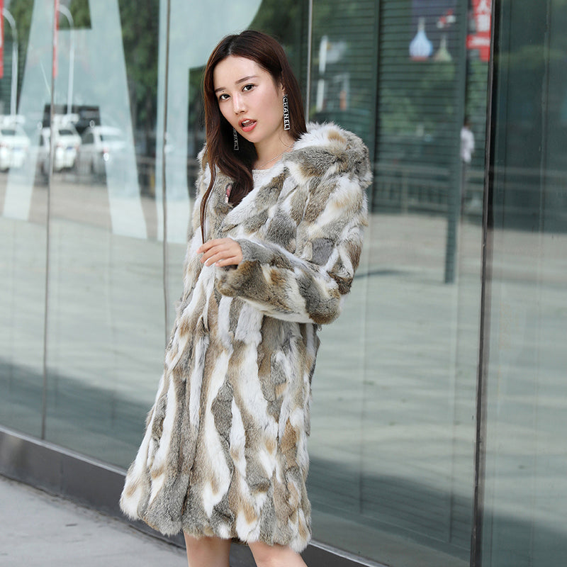 The Mid-length Hooded Long-sleeved Fur Coat