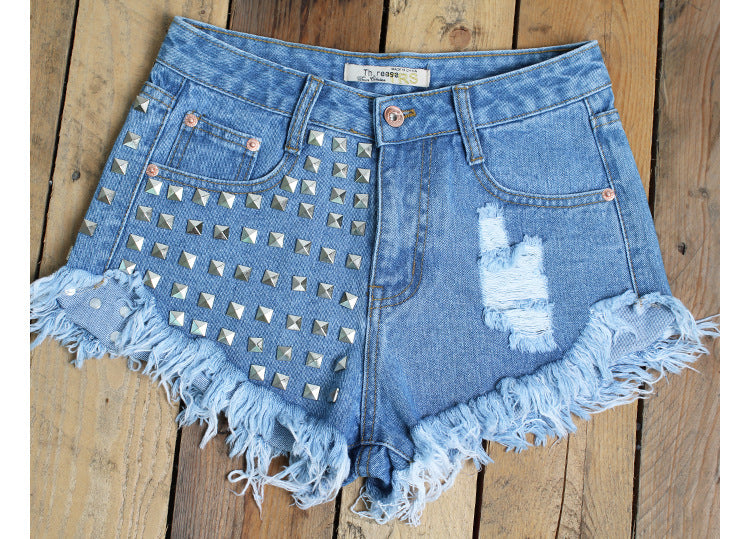 Studded fringed denim shorts