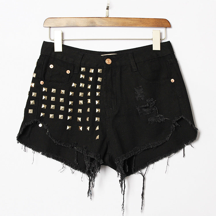 Studded fringed denim shorts