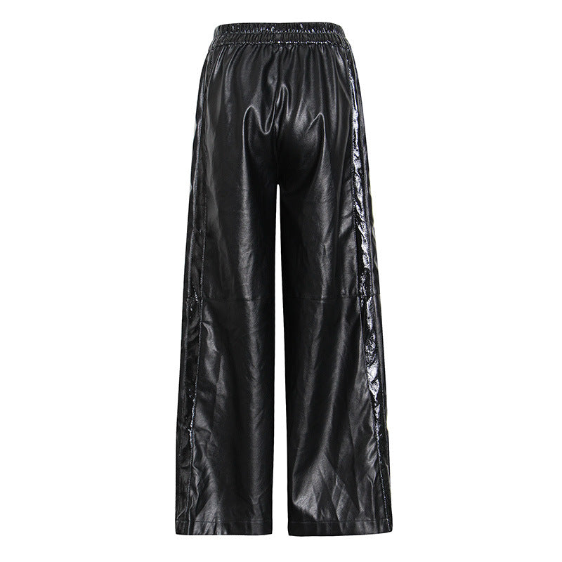 The button split leather wide-leg pants