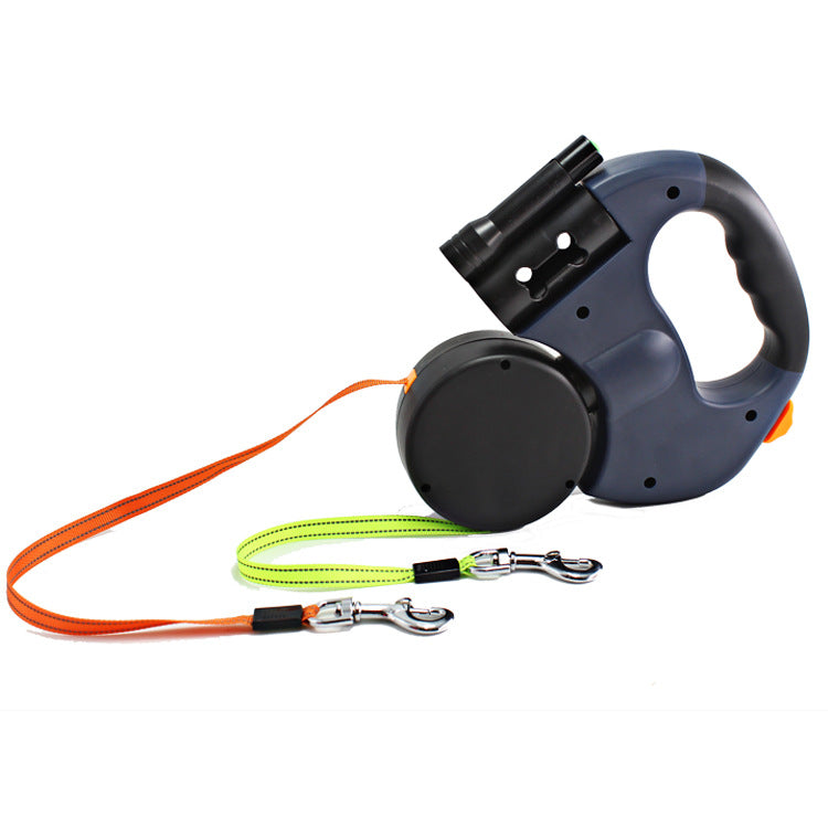 Dual Headed Leashes with Flashlight, Garbage Bag Box and Automatic Retractable Rope