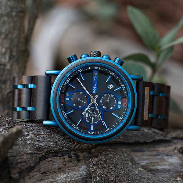Exclusive Blue Wooden Chronograph Watch