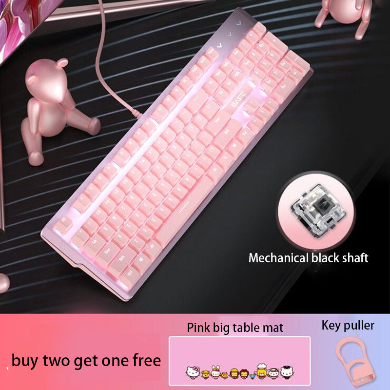 Pink Real Mechanical Keyboard And Mouse Girls Set