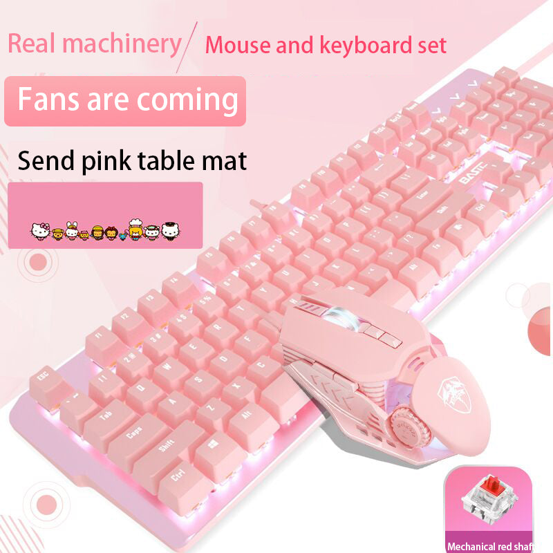 Pink Real Mechanical Keyboard And Mouse Girls Set