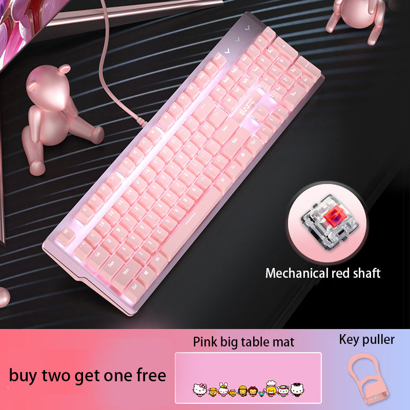 Pink Real Mechanical Keyboard And Mouse Girls Set