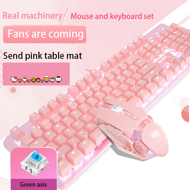 Pink Real Mechanical Keyboard And Mouse Girls Set