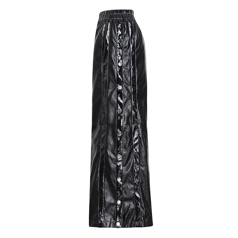 The button split leather wide-leg pants