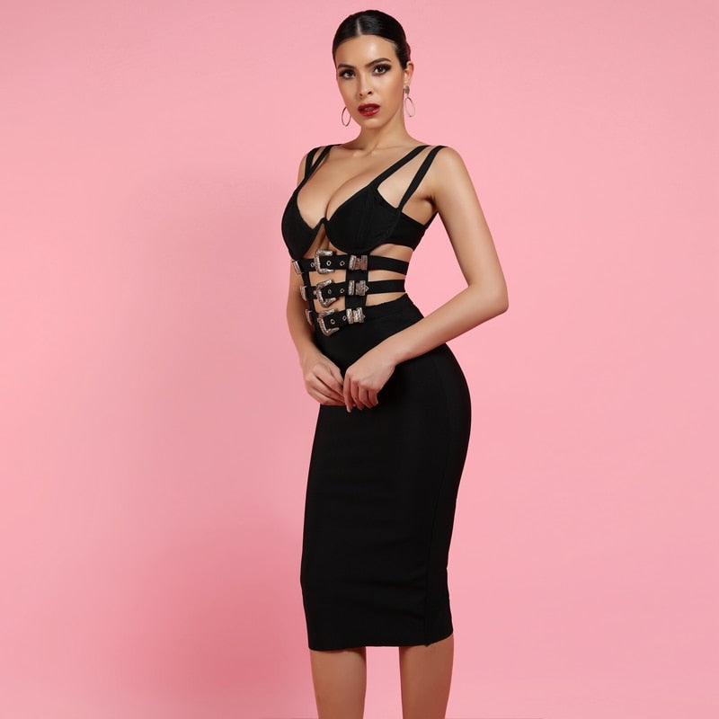 Sexy Sling Metal Buckle Hollow Bandage Dress