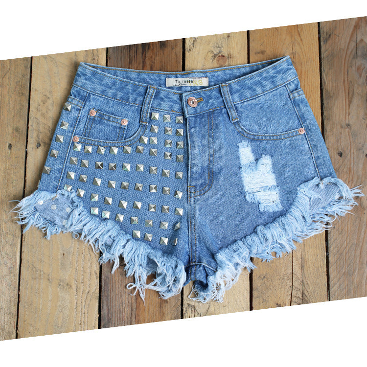 Studded fringed denim shorts