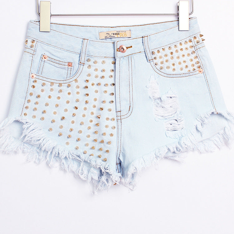 Studded fringed denim shorts