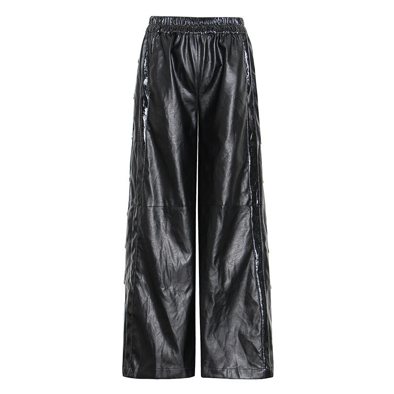 The button split leather wide-leg pants