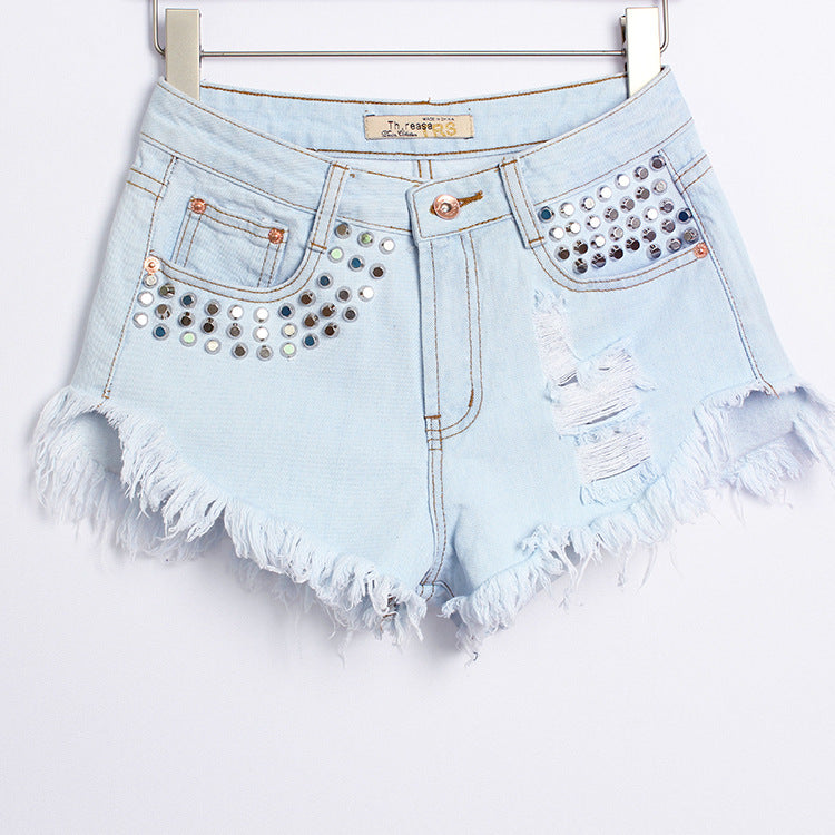 Studded fringed denim shorts