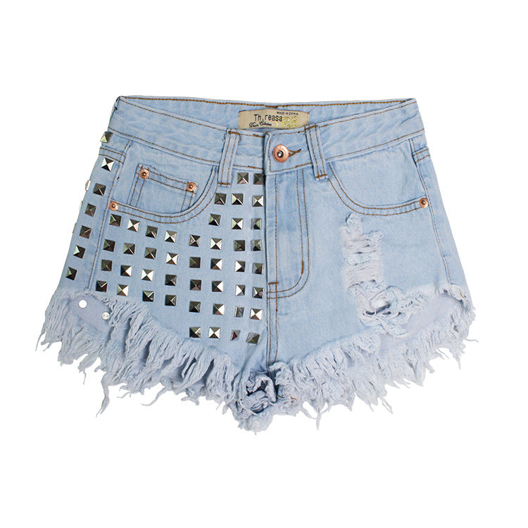 Studded fringed denim shorts