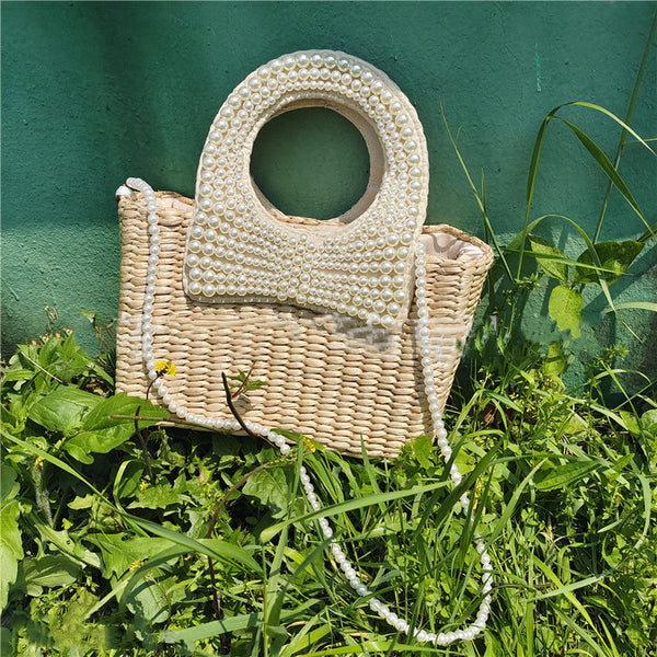 Braided Bow Pearl Straw Bag