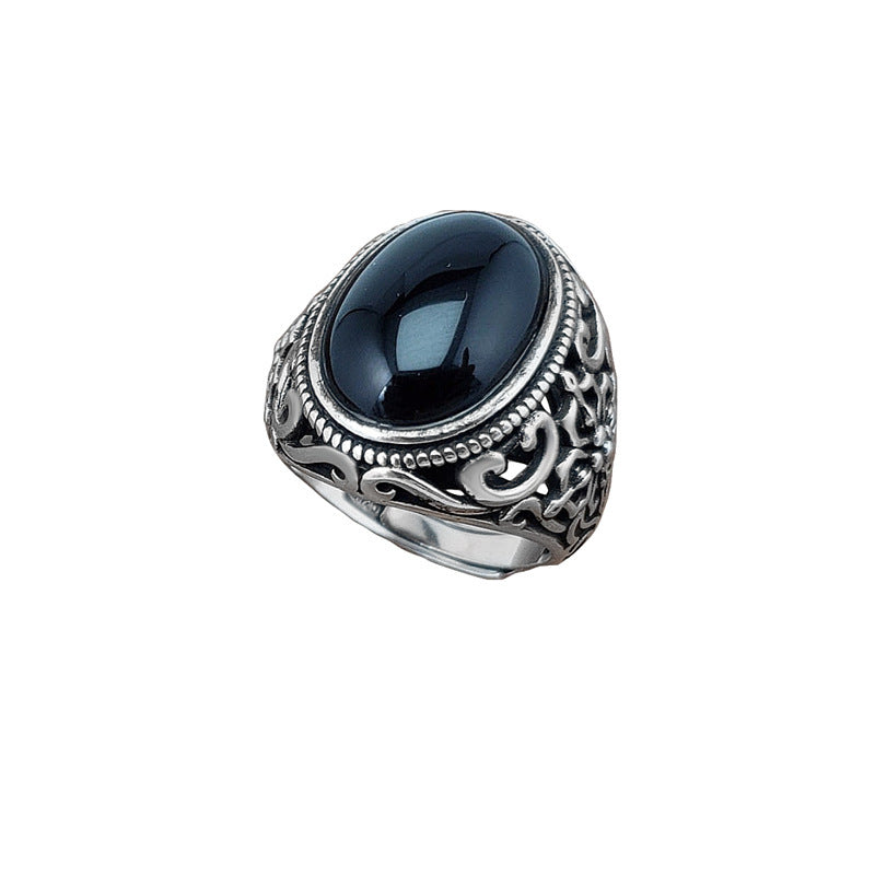 The Thai Silver Mouth Black Agate Ring