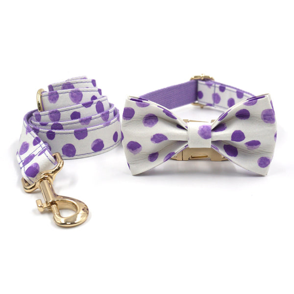 Wind Purple Polka Dot Collar Leash Bow Set