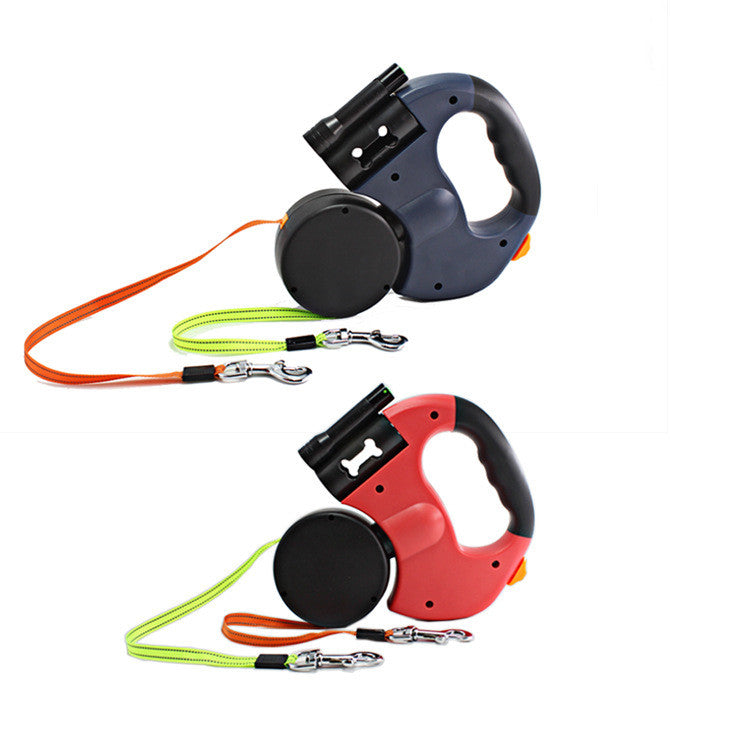 Dual Headed Leashes with Flashlight, Garbage Bag Box and Automatic Retractable Rope