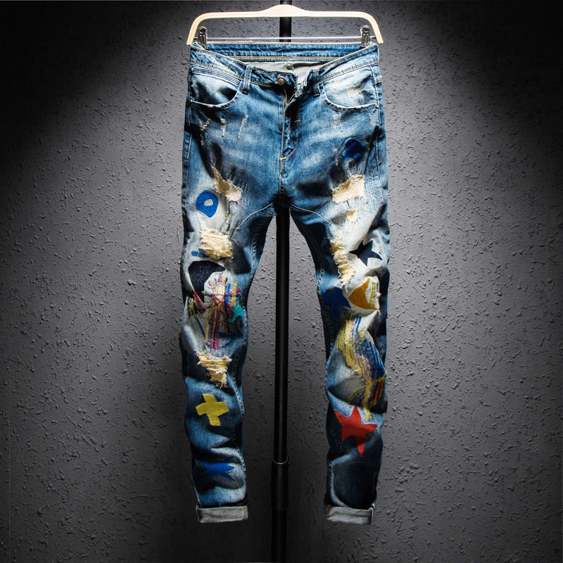 Colorful Embroidered Hole Patch Jeans