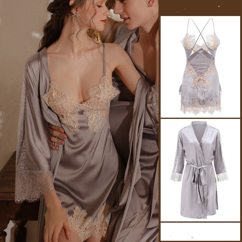 Ice Silk Thin Lace Suspenders Nightdress Suit
