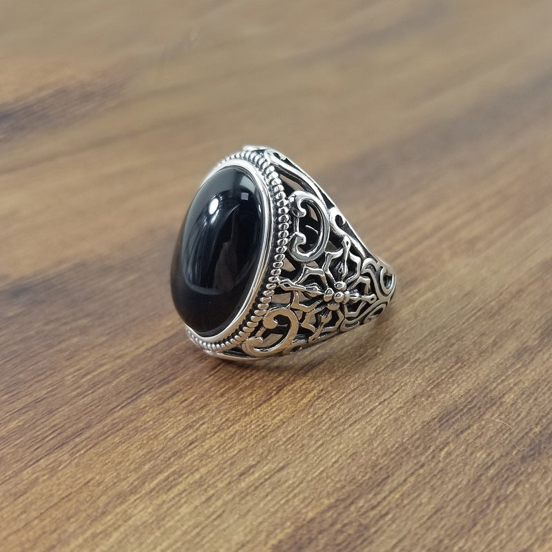 The Thai Silver Mouth Black Agate Ring
