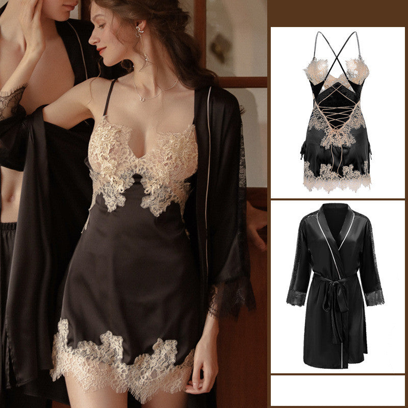 Ice Silk Thin Lace Suspenders Nightdress Suit