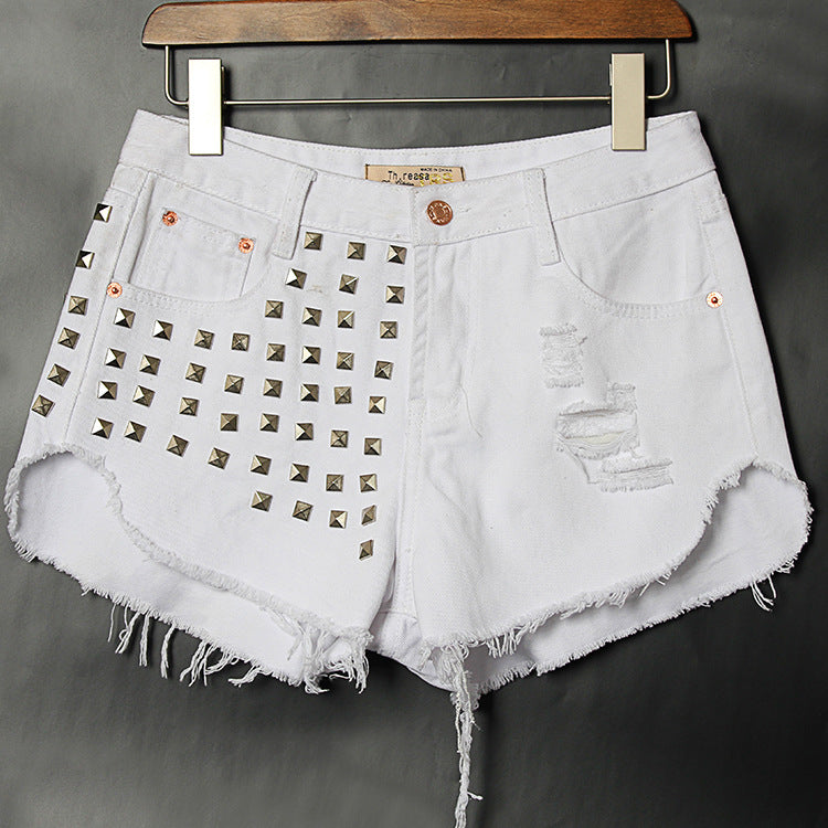 Studded fringed denim shorts