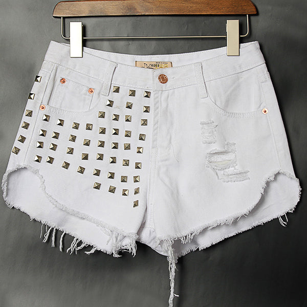 Studded fringed denim shorts