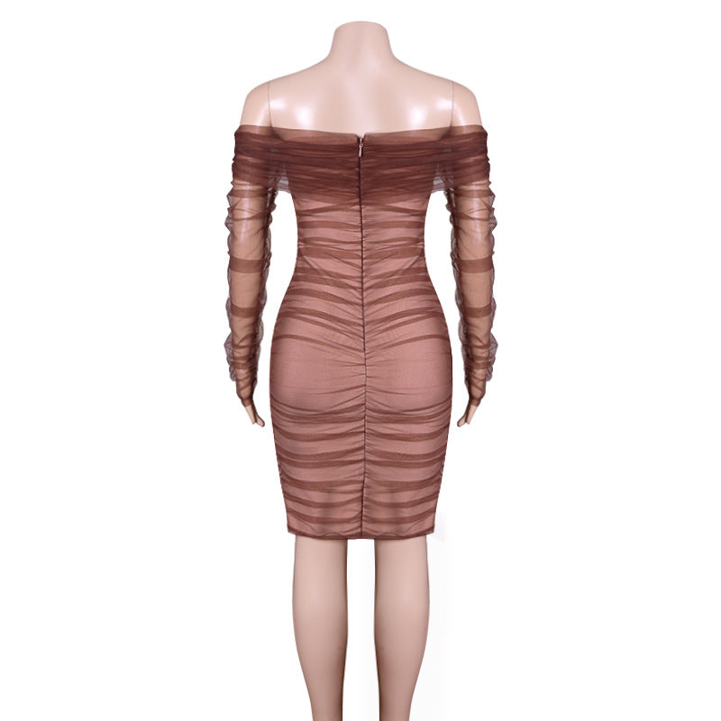 One Line Neck Mesh Pleated Dress